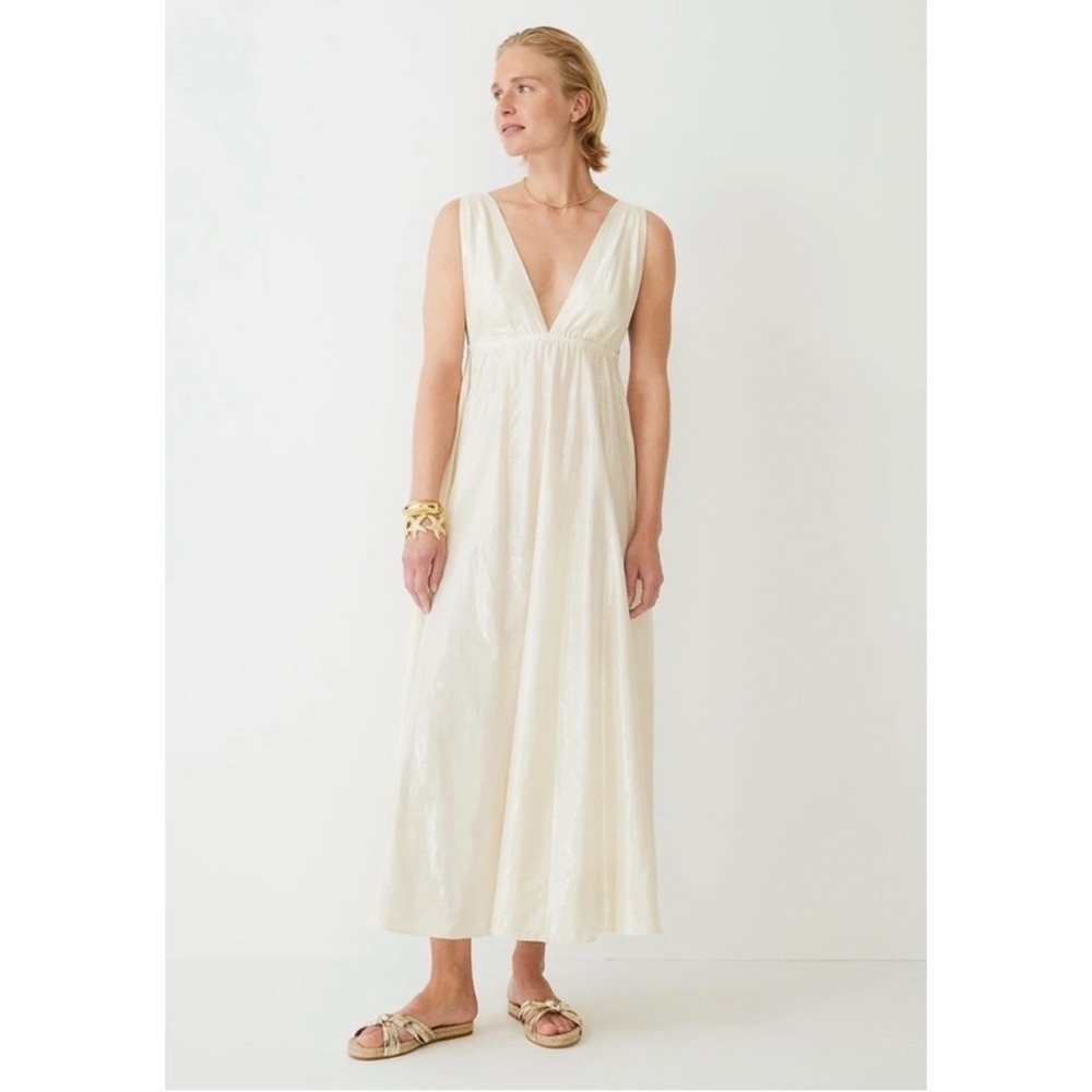 NWT J.Crew Plunge-Neck Metallic Beach Dress Maxi Women Ivory Gown Fairy‎ Wedding